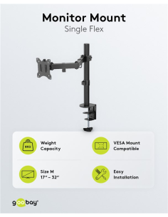 
58528 GOOBAY - Soporte 1 monitor 13"-32", 8Kg  S. Abrazadera, Acero, Negro, 90° inclinable, 180° Giratorio, 360° rotacion 2