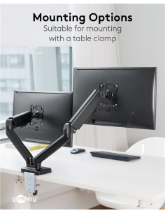 
58531 GOOBAY - Soporte 2 monitor 17"-32", 9Kg  S. Abrazadera, , GAS, Acero, Negro, +70° to -45° giro, +90° to -90° inclinació