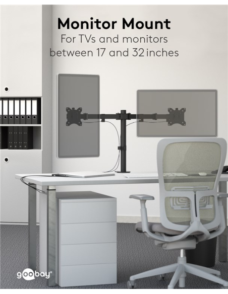 
58529 GOOBAY - Soporte 2 monitor 17"-32", 8Kg  S. Abrazadera, Acero, Negro, 90° inclinable, 180° Giratorio, 360° rotacion