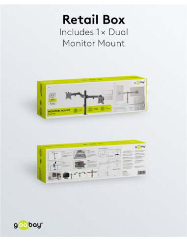
58529 GOOBAY - Soporte 2 monitor 17"-32", 8Kg  S. Abrazadera, Acero, Negro, 90° inclinable, 180° Giratorio, 360° rotacion