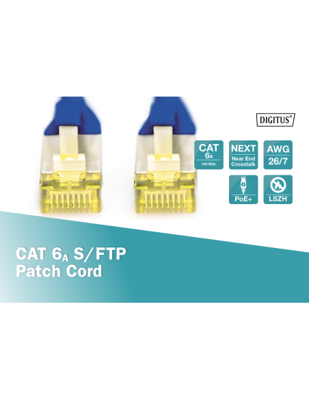 
DK-1644-A-020/B DIGITUS - Latiguillo CAT 6A, S/FTP,  2.00 m, Azul, LSZH Digitus. Conector de color amarillo translúcido con a