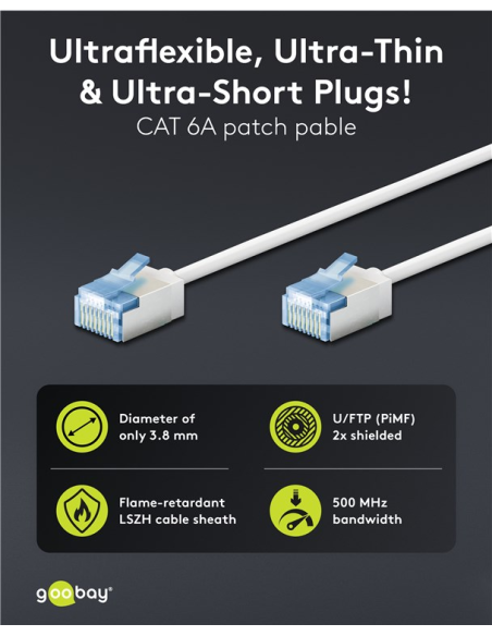 
74326 Latiguillo CAT 6A, U/FTP,  0.15 m, Blanco, LSZH-TPE  Slim Delgado Goobay