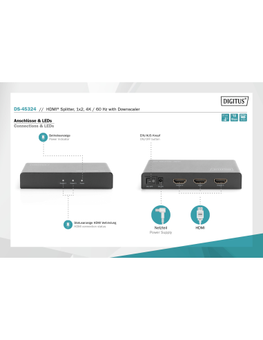 
DS-45324 DIGITUS 4K HDMI Splitter, 1x2, 4K2K, UHD/60Hz EDID, HDR, HDCP, black 