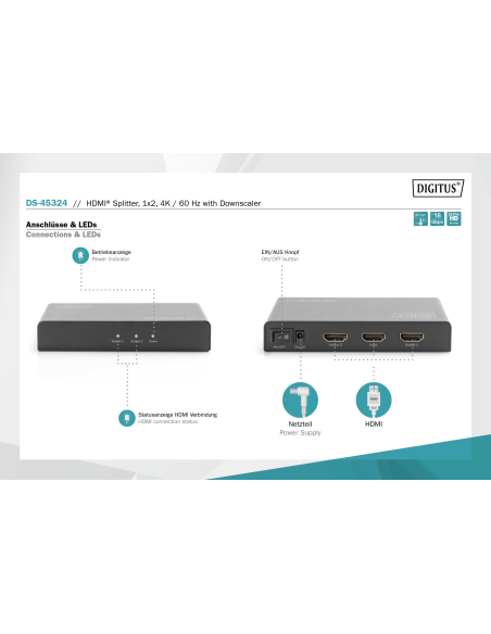 
DS-45324 DIGITUS 4K HDMI Splitter, 1x2, 4K2K, UHD/60Hz EDID, HDR, HDCP, black 