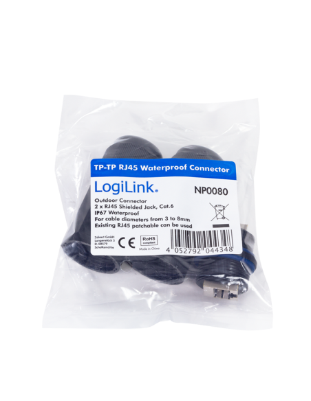 
NP0080 LOGILINK - Acoplador en línea para exteriores Cat.6, resistente al agua IP67