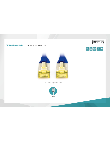 
DK-1644-A-020/B DIGITUS - Latiguillo CAT 6A, S/FTP,  2.00 m, Azul, LSZH Digitus. Conector de color amarillo translúcido con a