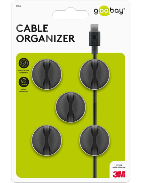 
95040 Juego de 5 piezas para organizar y sujetar cables, extraíble, Gestión de cables 1 ranura, Negro Blister