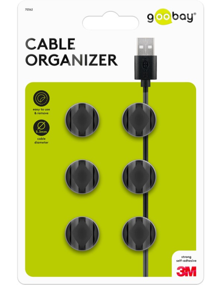 
70362 Juego de  piezas para organizar y sujetar cables, extraíble, Gestión de cables 2 ranura, Negro Blister