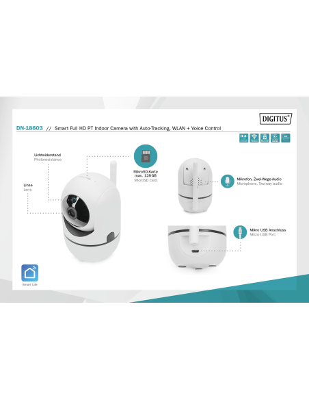 
DN-18603 DIGITUS - Cámara Smart WIFI (sin puerto LAN) P/T Indoor