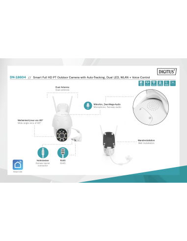 
DN-18604 DIGITUS - Cámara exterior PTZ de WIFI inteligente Compatible con TUYA, Alexa Google home