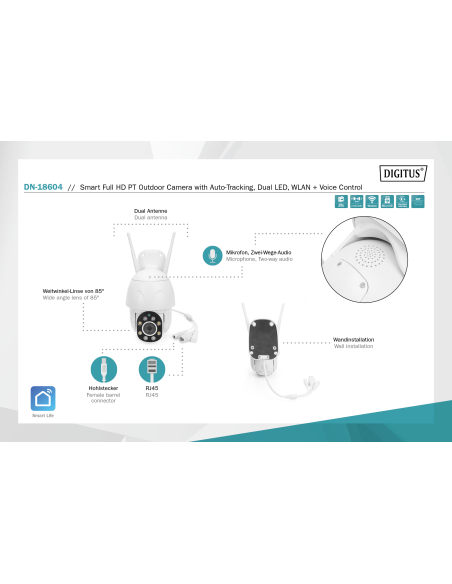 
DN-18604 DIGITUS - Cámara exterior PTZ de WIFI inteligente Compatible con TUYA, Alexa Google home