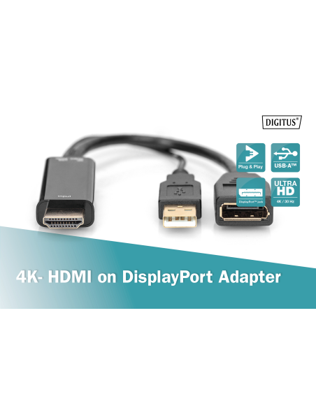 
AK-330101-002-S DIGITUS - Adaptador HDMI M a DP F con alimentación eléctrica externa 4K con 30 Hz. 0,2 m negro