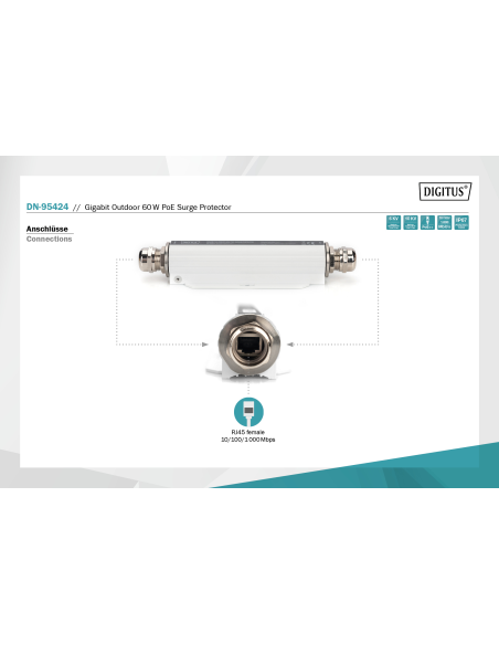 
DN-95424 DIGITUS - Protección contra sobretensiones  60 W Gigabit PoE. Digitus DN-95424 es una protección contra sobretension