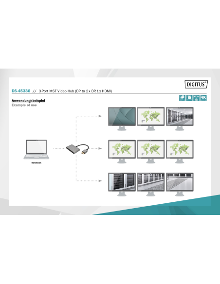 
DS-45336 DIGITUS - Hub de vídeo MST de 3 puertos (DP -> 2 DP, 1 HDMI) Triple monitor