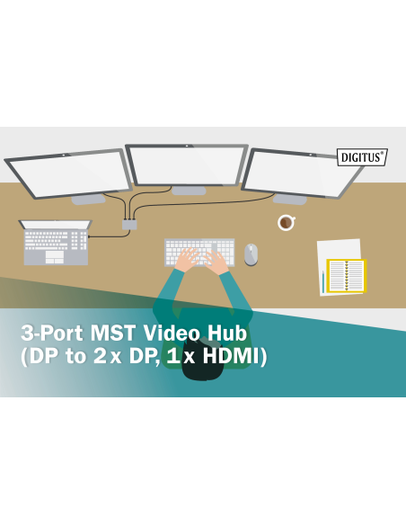 DS-45336 DIGITUS - Hub de vídeo MST de 3 puertos (DP -> 2 DP, 1 HDMI) Triple monitor