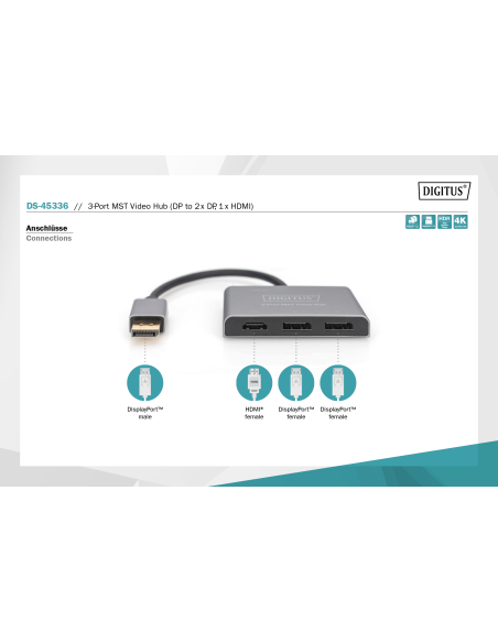 DS-45336 DIGITUS - Hub de vídeo MST de 3 puertos (DP -> 2 DP, 1 HDMI) Triple monitor