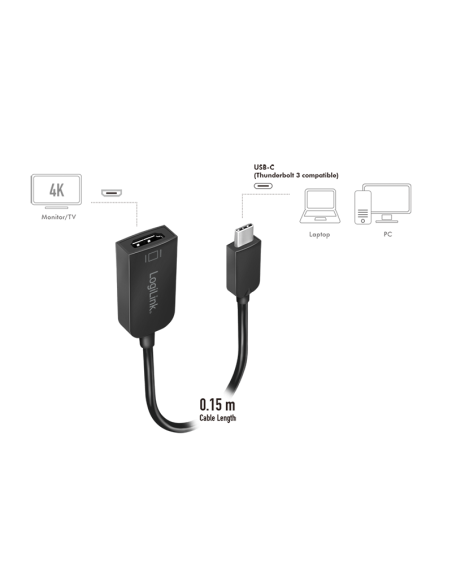 
UA0236A LOGILINK - Adaptador USB C Macho a HDMI Hembra 0.15m 4K/30Hz (3840x2160), Negro, Bolsa de Colgar