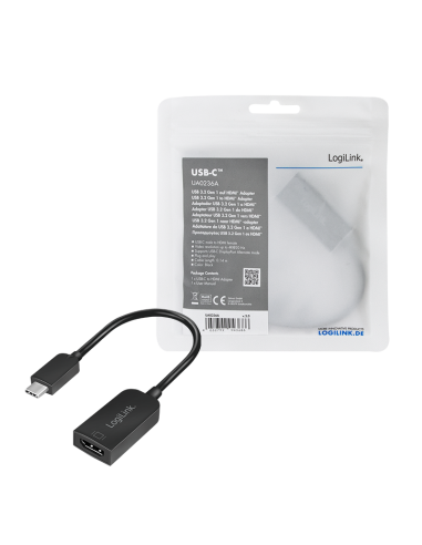 
UA0236A LOGILINK - Adaptador USB C Macho a HDMI Hembra 0.15m 4K/30Hz (3840x2160), Negro, Bolsa de Colgar