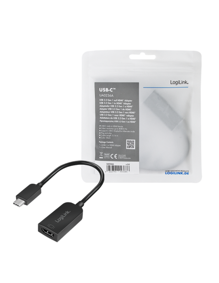 
UA0236A LOGILINK - Adaptador USB C Macho a HDMI Hembra 0.15m 4K/30Hz (3840x2160), Negro, Bolsa de Colgar