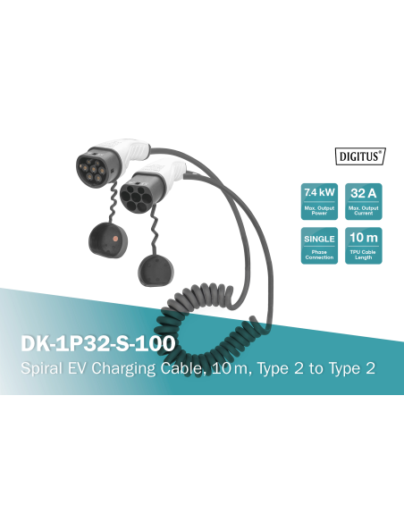 

 DIGITUS Cable de carga en espiral para vehículos eléctricos y PHEV  10 m  tipo 2  modo 3  1 fase  32 A  7,4 kW  neg