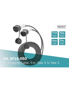 
 DIGITUS Cable de carga para vehículos eléctricos y PHEV  5 m  tipo 2 a tipo 2  modo 3  3 fases  16 A  11 kW  negro
N
