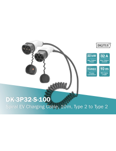 
 DIGITUS Cable de carga en espiral para vehículos eléctricos y PHEV  10 m  tipo 2  modo 3  3 fases  32 A  22 kW  negro