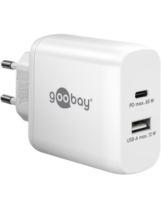 
65410 GOOBAY - Cargador  65W USB 2 puert. 1 x USB-C 1 x USB-A Blanco GAN PD Salida Lateral Goobay