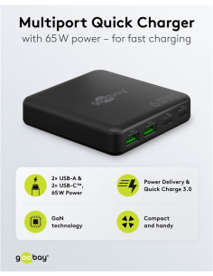 
61772 Cargador  65W USB 4 puertos, 2 USB-C, 2 USB-A, PD QC3.0 GAN , NEGRO,SOBREMESA Goobay