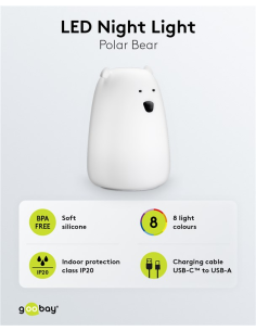 
Luz Nocturna LED "Oso Polar"
luz blanca cálida y 7 colores cambiantes (luz RGB), con 3 modos de luz, sensor táctil y batería 