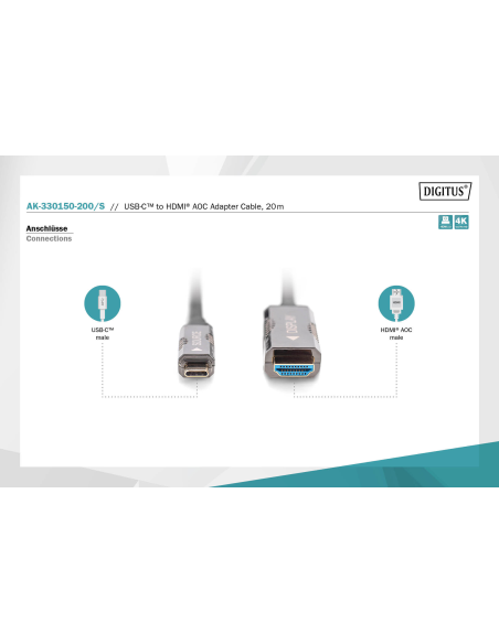 
AK-330150-200-S DIGITUS - Cable USB C Macho a HDMI Macho 20.00m 4K/60Hz 18 Gbit/s AOC Digitus
