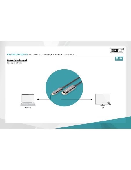 
AK-330150-200-S DIGITUS - Cable USB C Macho a HDMI Macho 20.00m 4K/60Hz 18 Gbit/s AOC Digitus
