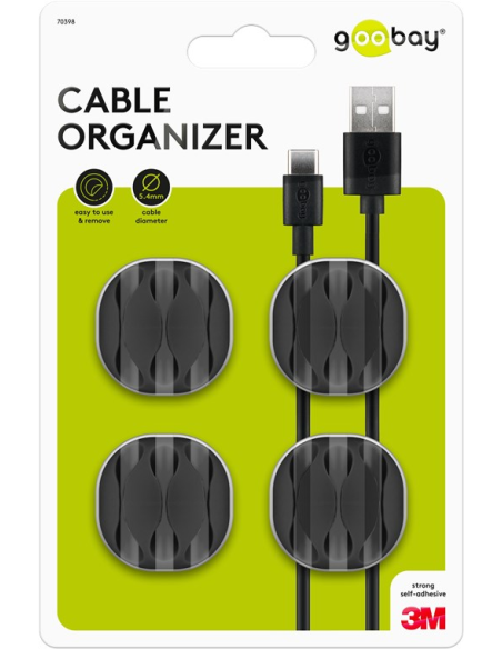 
70398 Juego de 4 piezas para organizar y sujetar cables, extraíble, Gestión de cables 3 ranura, Negro Blister