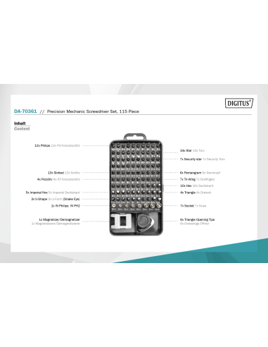 
DA-70361 DIGITUS Juego de destornilladores para mecánica de precisión, 115 piezas
