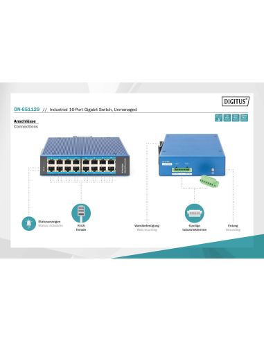 
DN-651129 DIGITUS - Conmutador industrial de 16 puertos 10/100/1000 Mbps Montaje en raíl DIN o en la pared