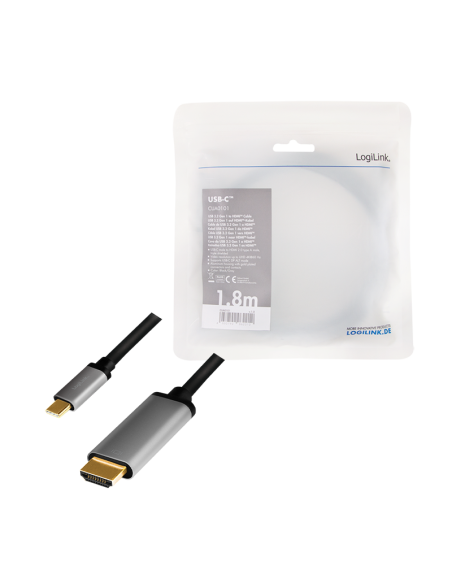 
CUA0101 LOGILINK - Cable USB C Macho a HDMI Macho  1.80m 4K/60Hz 18 Gbit/s Logilink Cable Negro Conectores Alumnio