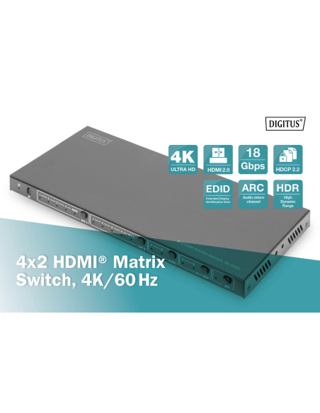 
DS-55509 DIGITUS - 4x2 HDMI Matrix Switch, 4K/60Hz Scaler, EDID, ARC, HDCP 2.2, 18 Gbps