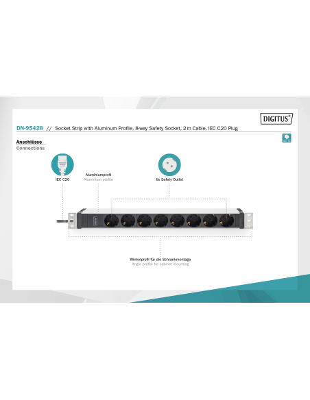 
DN-95428 DIGITUS - PDU de aluminio de 1UA, montaje en bastidor, 8 contactos de puesta a tierra 16 A, 230 V CA, 50/60 Hz, ench