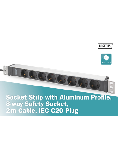
DN-95428 DIGITUS - PDU de aluminio de 1UA, montaje en bastidor, 8 contactos de puesta a tierra 16 A, 230 V CA, 50/60 Hz, ench