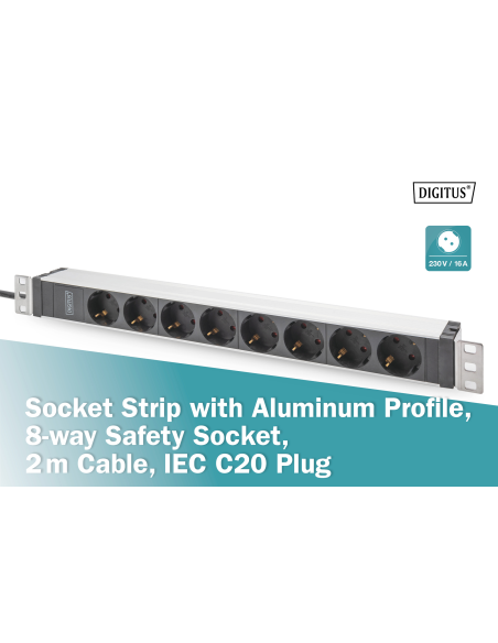 
DN-95428 DIGITUS - PDU de aluminio de 1UA, montaje en bastidor, 8 contactos de puesta a tierra 16 A, 230 V CA, 50/60 Hz, ench