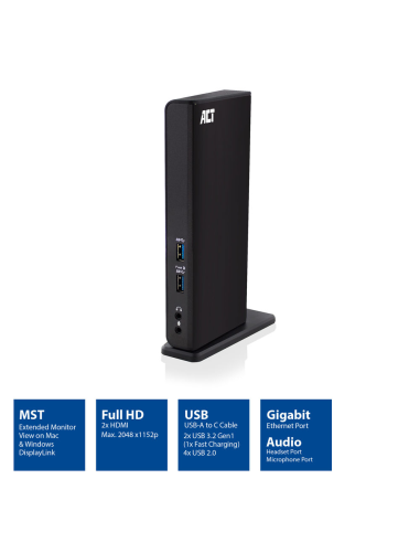 
AC7049 - Estación de acoplamiento para dos monitores ACT USB-C o USB-A. Estación de acoplamiento | USB-C y USB-A | 2xHDMI | 3