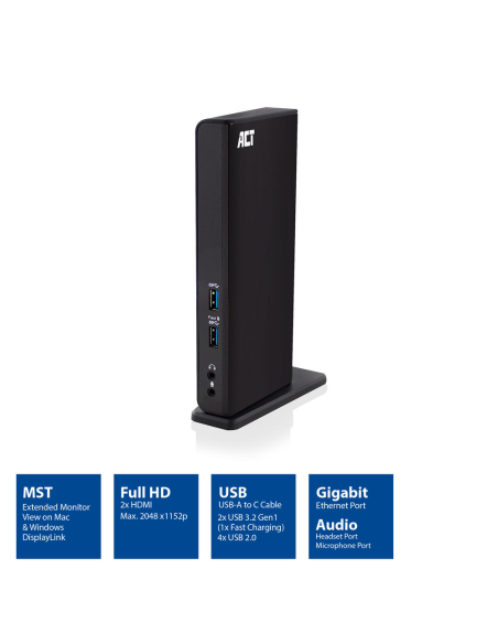 
AC7049 - Estación de acoplamiento para dos monitores ACT USB-C o USB-A. Estación de acoplamiento | USB-C y USB-A | 2xHDMI | 3