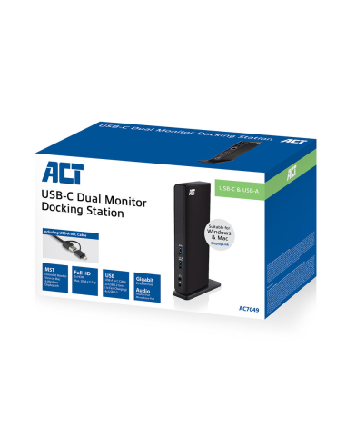 
AC7049 - Estación de acoplamiento para dos monitores ACT USB-C o USB-A. Estación de acoplamiento | USB-C y USB-A | 2xHDMI | 3