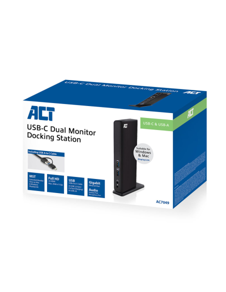 
AC7049 - Estación de acoplamiento para dos monitores ACT USB-C o USB-A. Estación de acoplamiento | USB-C y USB-A | 2xHDMI | 3