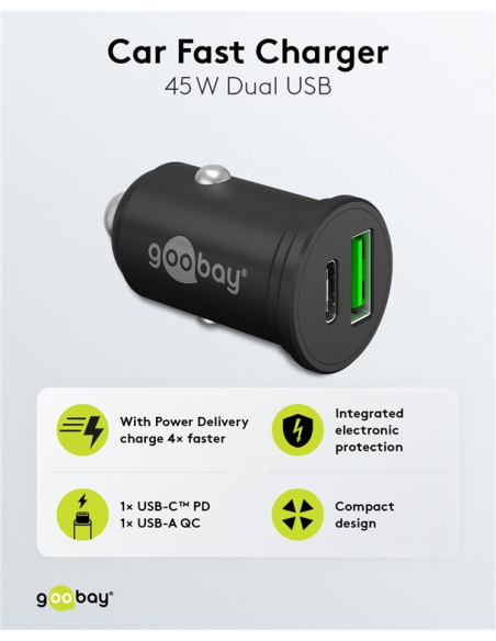 
61739  Cargador 2 puertos 1 USB-C PD, 1x USB-A QC, 45 W negro Bolsa Colgar Goobay