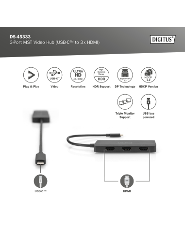 
DS-45333 - Hub de vídeo MST USB-C Macho a 3 X HDMI Digitus