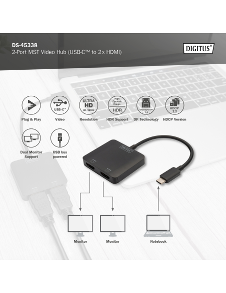 
DS-45338 DIGITUS - Hub de vídeo MST USB-C Macho a 2 X HDMI Digitus Soporta DP 1.4 (Alt Mode) con máx. 8,1 Gbps por canal, máx