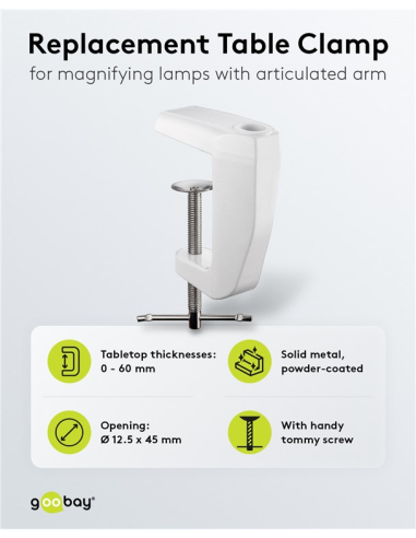 
77460 GOOBAY - Abrazadera de mesa de repuesto para lámparas de aumento
0 mm - 60 mm, metal macizo, blanco