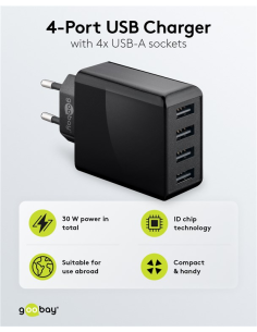 
44953 Cargador 30W USB  4 puert.  30W 4xUSB-A negro