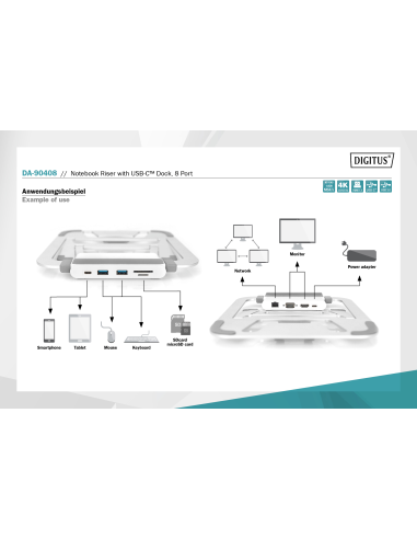 
DA-90408 Soporte variable para notebook con estación de acoplamiento USB-C integrada, 8 puertos