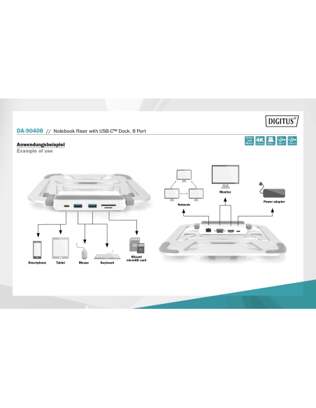 
DA-90408 Soporte variable para notebook con estación de acoplamiento USB-C integrada, 8 puertos